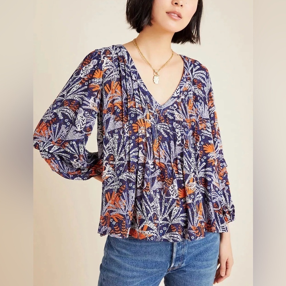 Maeve by Anthropologie Cathy Jungle Vneck Blue Orange blouse top size‎ XS